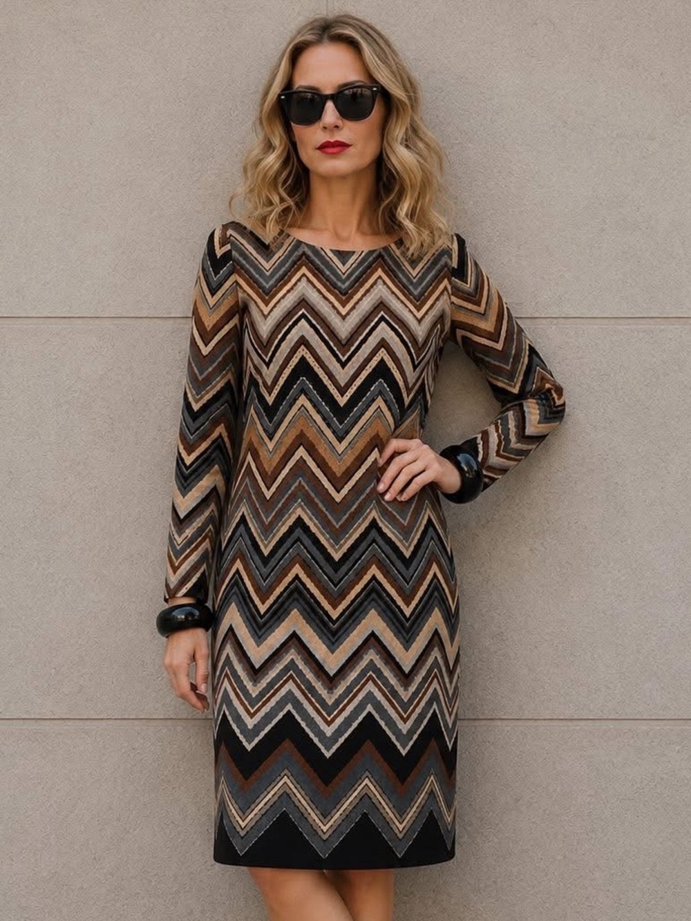 Vintage zigzag knit dress w back zip, long sleeves, midi length- 6